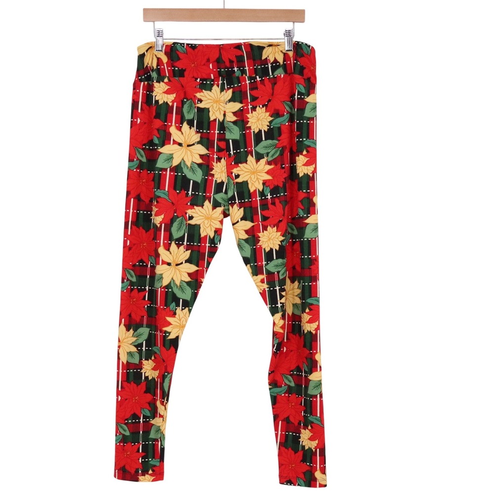 LuLaRoe Leggings Red Yellow Poinsettia Plaid Christmas Holiday Floral Soft - Picture 4 of 5